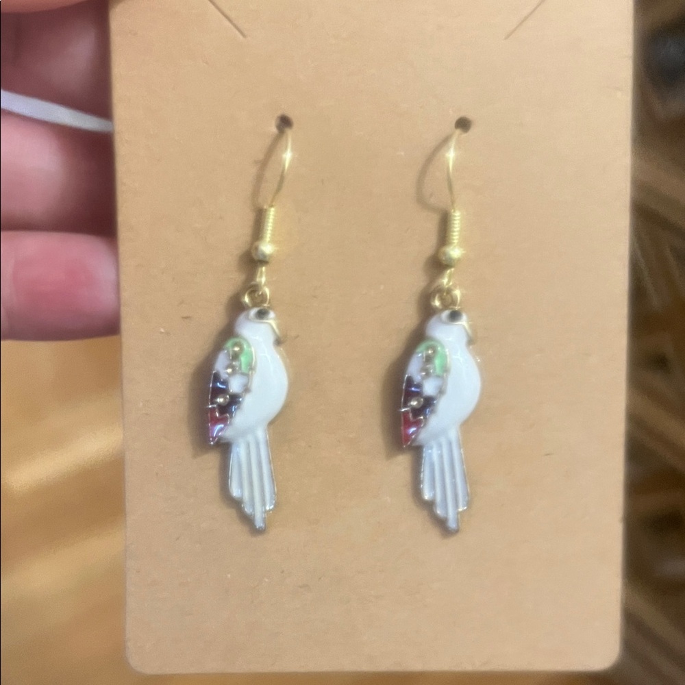 Gold-Tone White Parrot Drop Earrings with Multicolor Accents - Women Jewelry